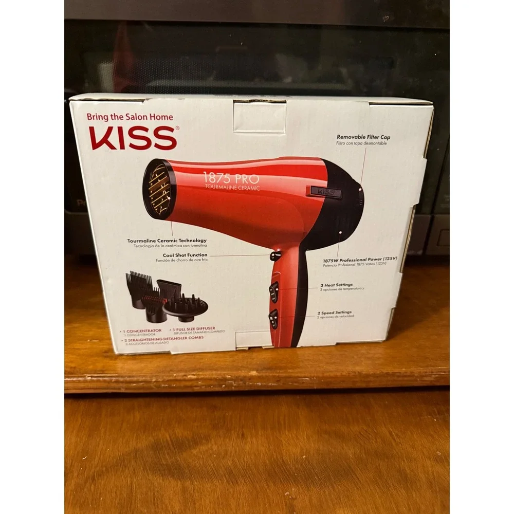 KISS 1875 PRO Tourmaline Ceramic‎ Hair Dryer Cool Shot 3 Attachments Red